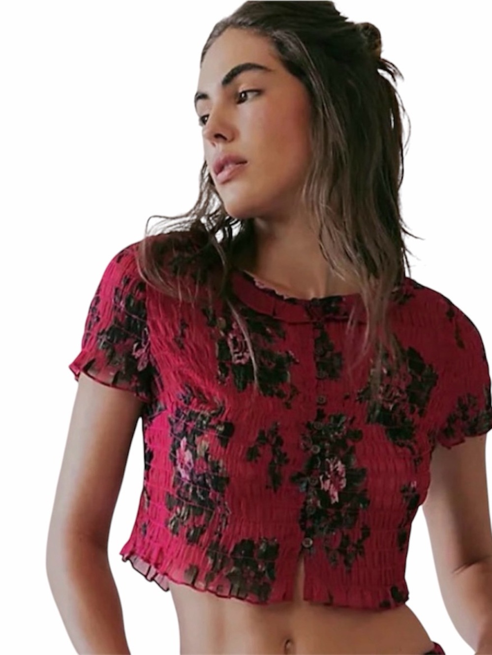Free People XS NWT Blooming Romance Crop Top Short Sleeve Burgundy Floral Blouse